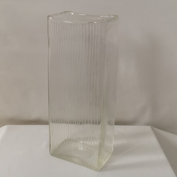 Large Unique Clear Art Glass Square Vase with Etched Stripes on Two Wide Sides - Picture 1 of 5